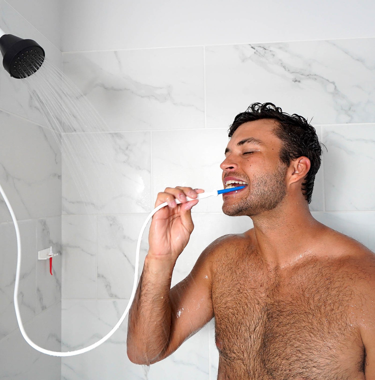 Man using ShowerFloss in the shower