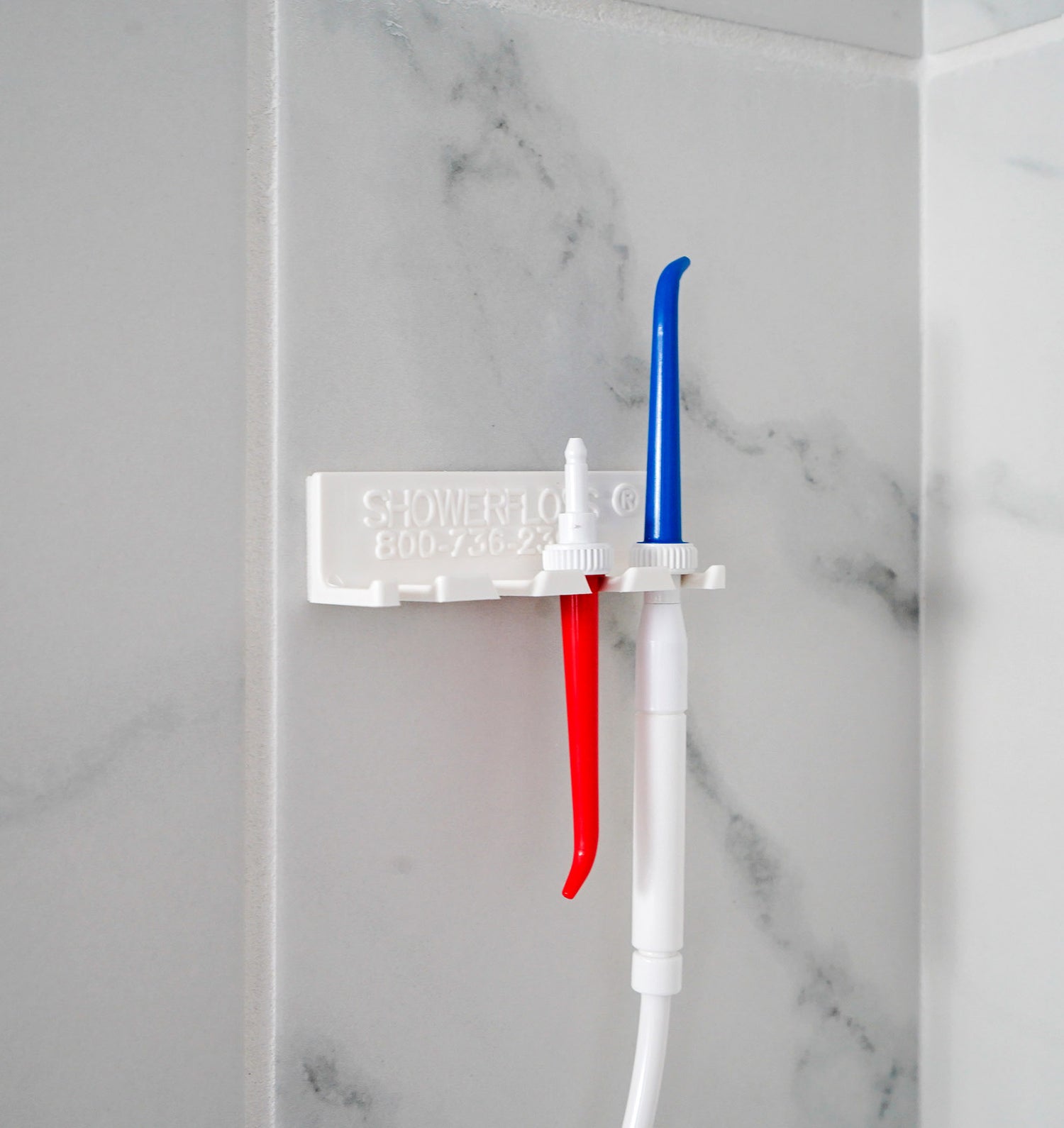 ShowerFloss piks in wall hanger on shower wall